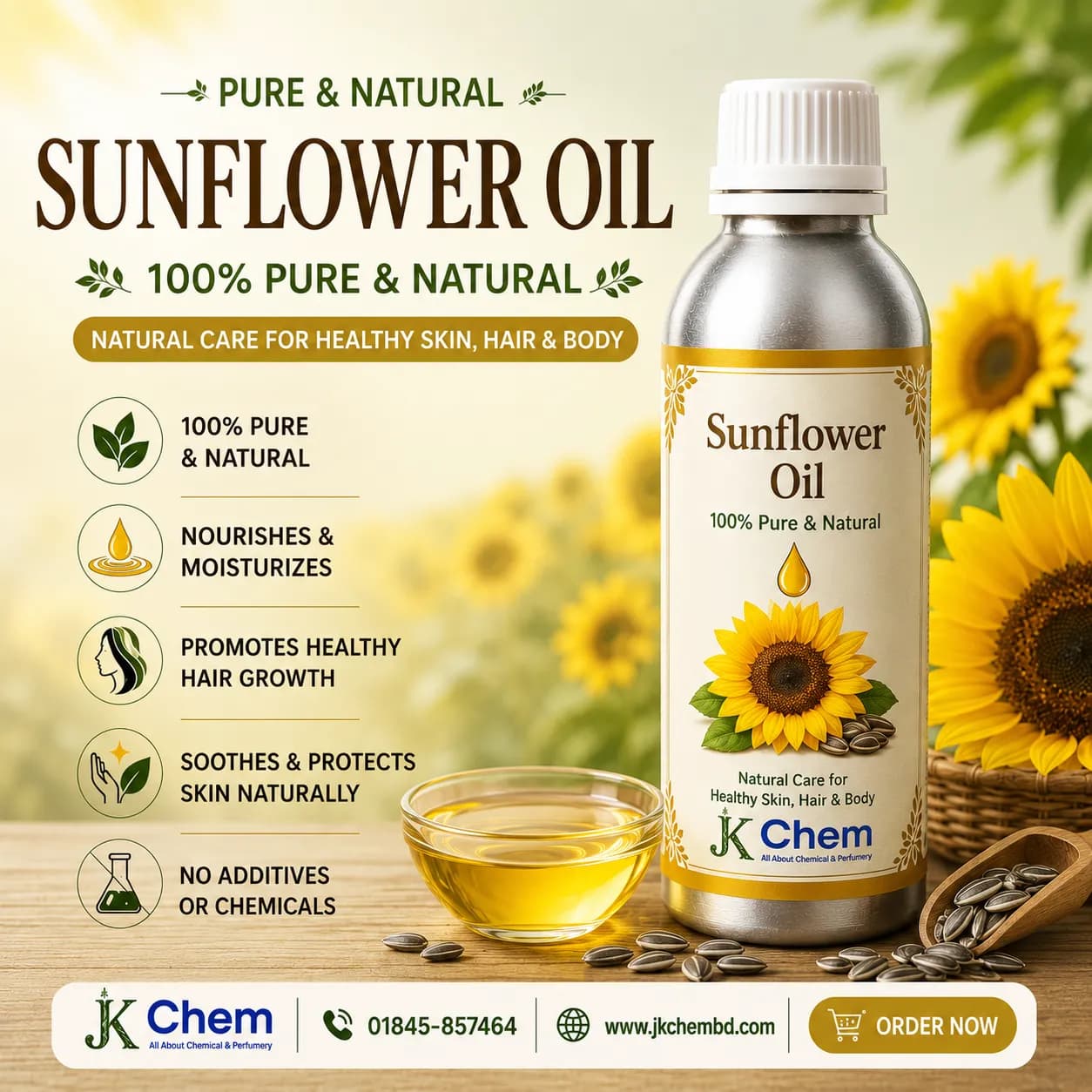 Premium Sunflower Oil – Cosmetic Grade Natural Carrier Oil for Skin Care, Hair Care, Massage & DIY Beauty Formulations