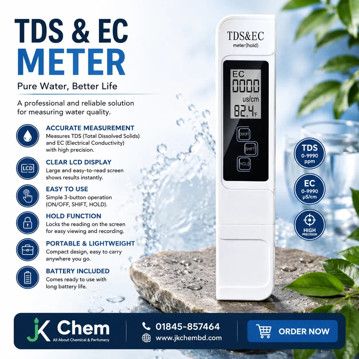 Premium TDS & EC Meter – High Accuracy Digital Water Quality Tester for TDS, EC & Temperature Measurement
