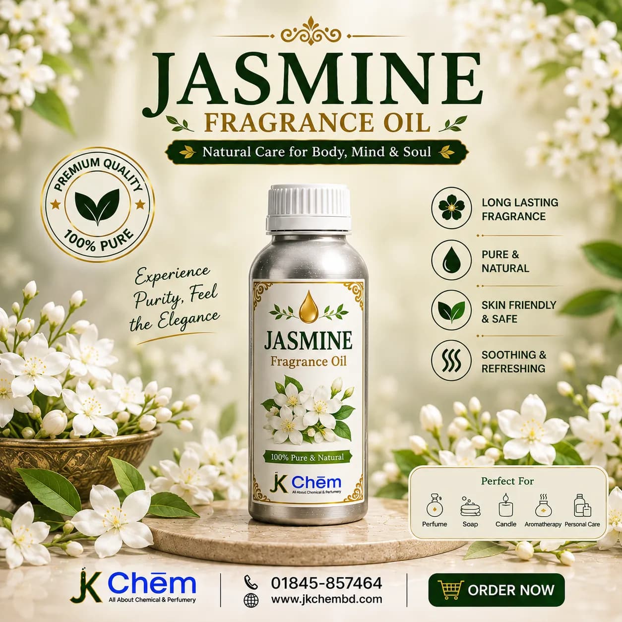 Jasmine Fragrance Oil (জেসমিন ফ্র্যাগরেন্স অয়েল) | Premium Sweet & Floral Fragrance for Perfume, Soap, Shampoo, Cosmetics & Candle