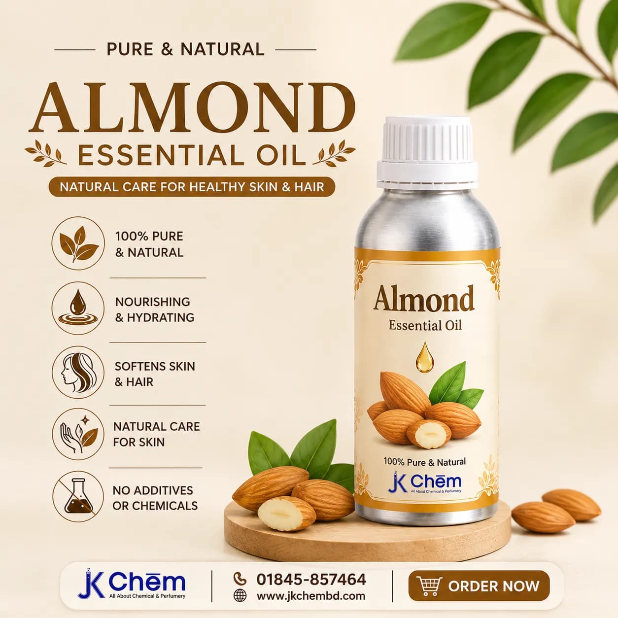 Premium Sweet Almond Essential Oil – Cosmetic Grade Natural Oil for Hair Care, Skin Care & DIY Beauty Formulations