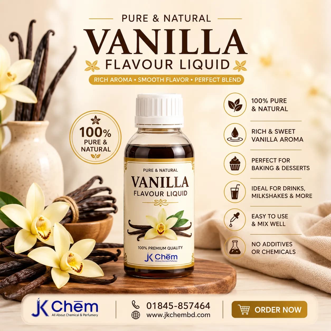 Premium Vanilla Flavour Liquid (Food Grade) – Concentrated Vanilla Flavor for Bakery, Beverages, Desserts & Confectionery