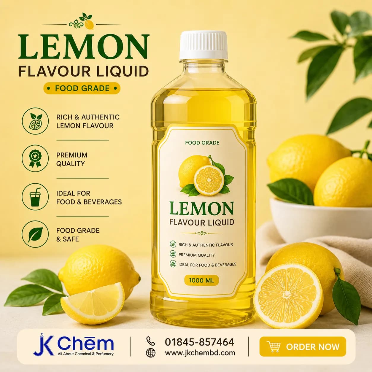 Premium Lemon Flavour Liquid (Food Grade) – Concentrated Lemon Flavor for Bakery, Beverages, Desserts & Confectionery