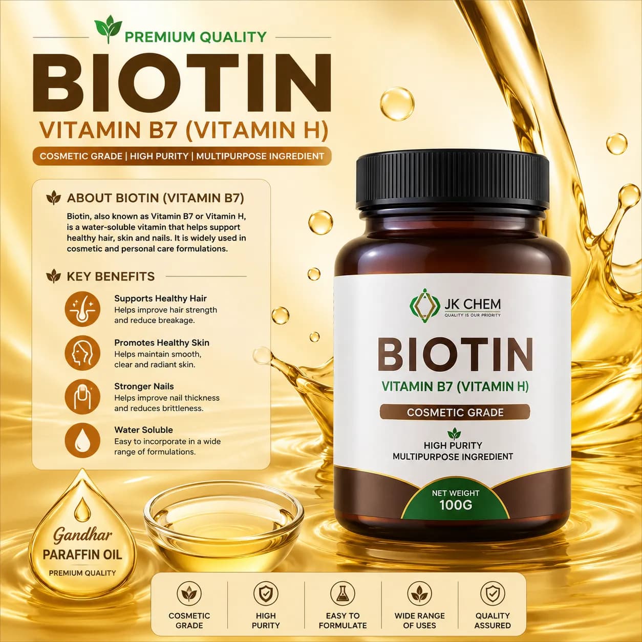 Biotin (Vitamin B7 / Vitamin H) Powder | Cosmetic Grade Hair Care & Skin Care Active Ingredient for Shampoo, Serum & DIY Cosmetics
