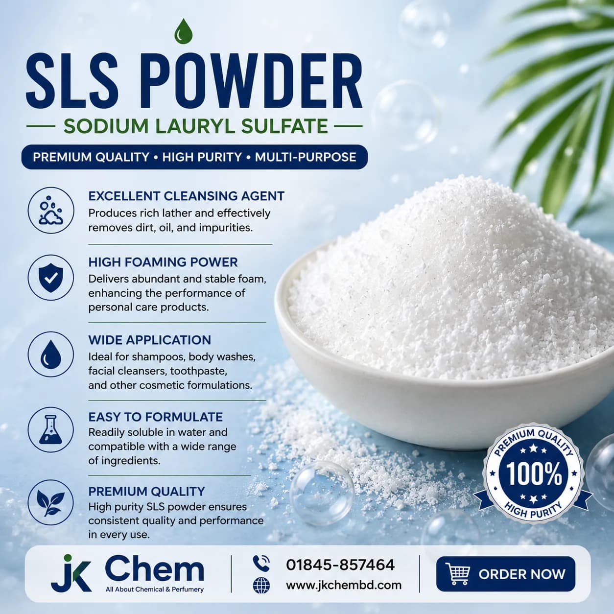 Premium SLS Powder (Sodium Lauryl Sulfate) – Cosmetic Grade Surfactant for Shampoo, Liquid Soap, Face Wash & Cleaning Products