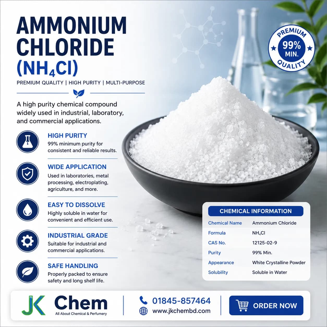 Ammonium Chloride (NH₄Cl) | High Quality Industrial & Laboratory Grade Chemical for Metal Processing, Laboratory & Manufacturing