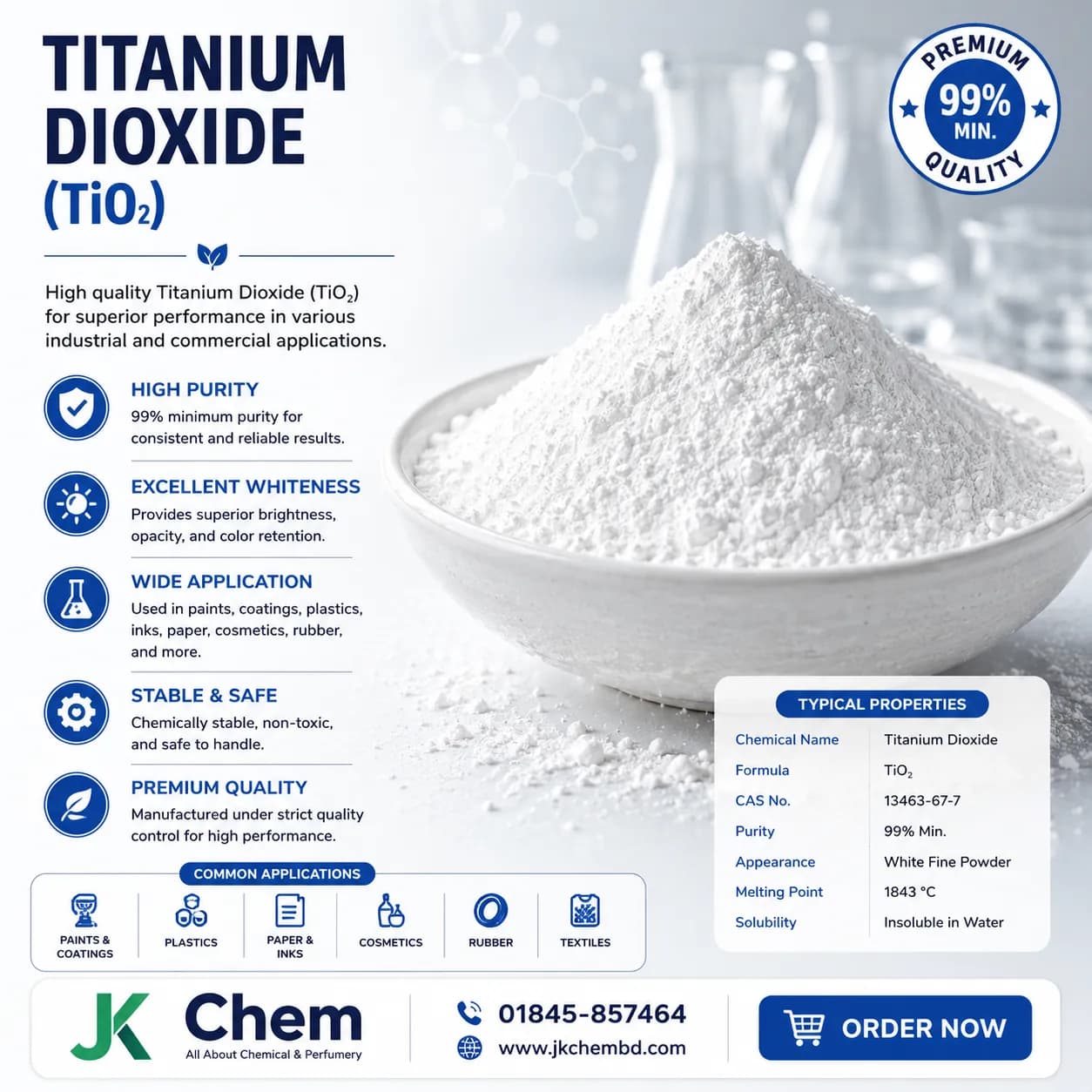 Titanium Dioxide (TiO₂) | Rutile & Anatase Grade High Quality White Pigment for Cosmetic, Paint, Plastic, Ink & Rubber Industries