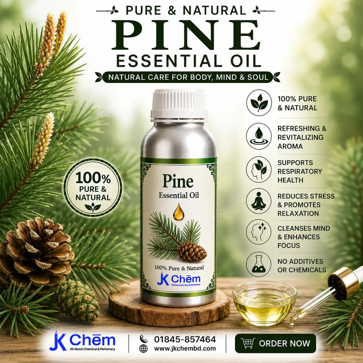 Pine Essential Oil (পাইন এসেনশিয়াল অয়েল) | Premium Cosmetic Grade Pine Oil for Skincare, Hair Care & Aromatherapy